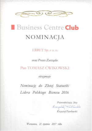 Nominacja do Złotej Statuetki Lidera Biznesu 2016